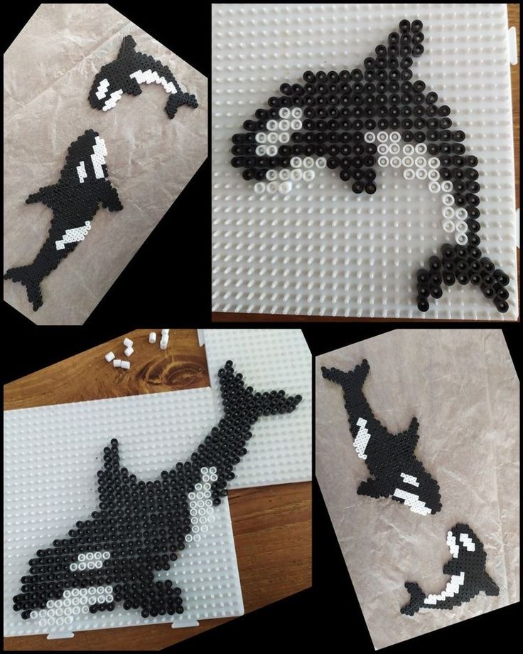 four different pictures of an orca whale made out of legos and plastic beads