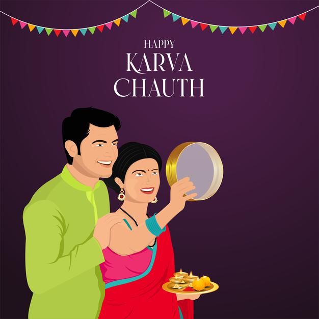 a man and woman standing next to each other holding plates with food on them in front of a purple background that says happy karva chauth