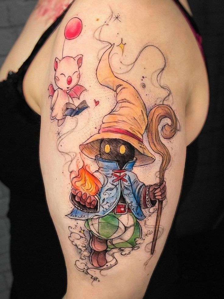 a woman with a cat tattoo on her arm holding a broom and wearing a hat