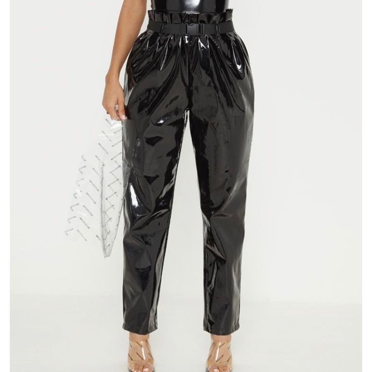 Black Vinyl Pants. Size 8. Fits Like A Small. Comes With Belt. Never Worn. White Linen Jumpsuit, Vinyl Pants, Black White Jumpsuit, Ribbed Flares, Burgundy Pants, Leopard Print Leggings, Halter Romper, Striped Wide Leg Pants, Red Romper