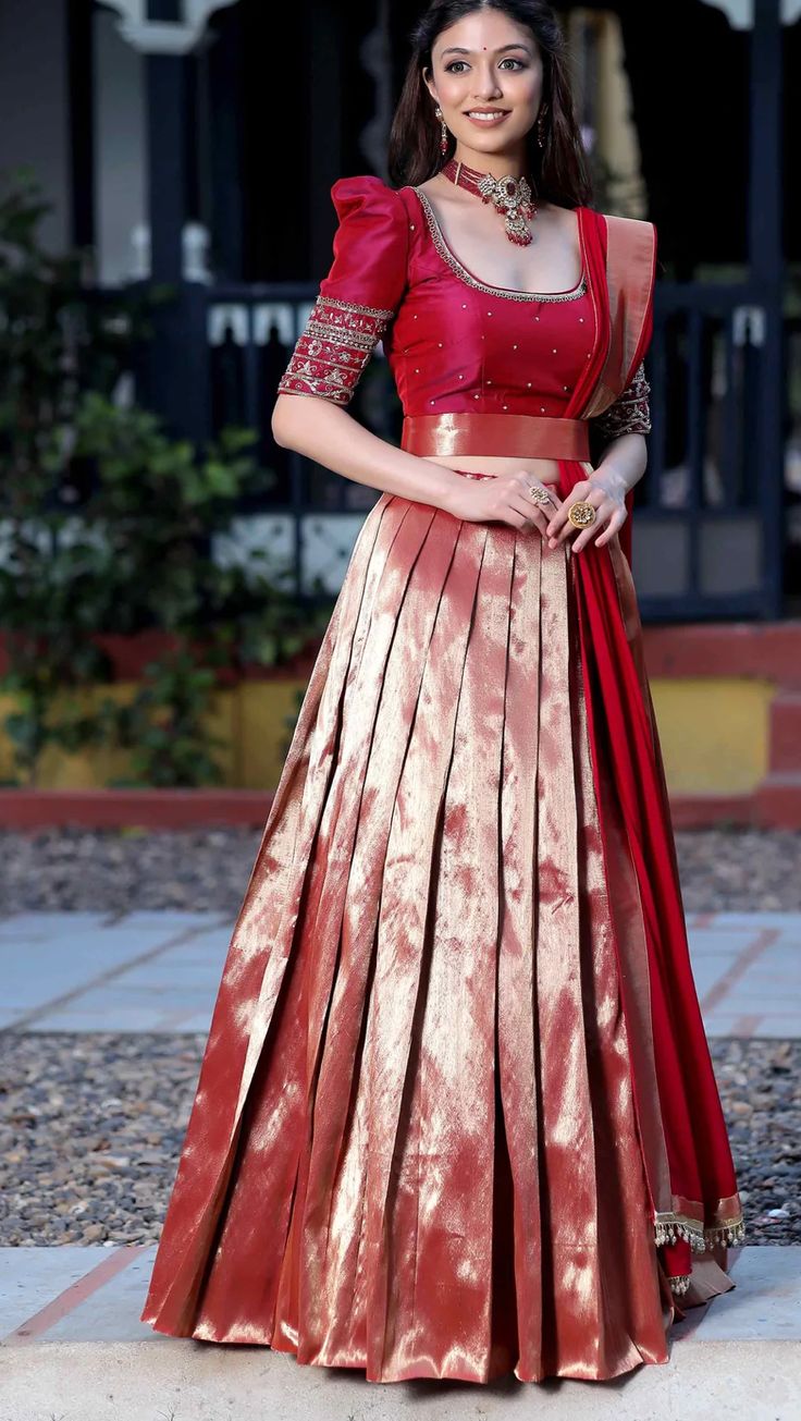 Lehanga Designs South Indian, South Dress Design, Small Blouse Design, Simple Half Sarees Latest Designs, Silk Lehanga Designs Latest For Women, Pattu Saree Into Lehenga, Trending Lehanga Design 2024, Red Gold Lehenga, Red Pattu Lehenga Half Saree