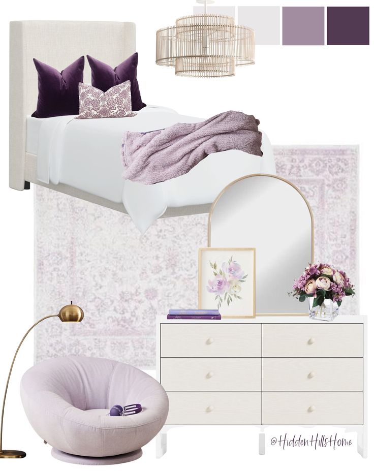 a bedroom with white furniture and purple accents