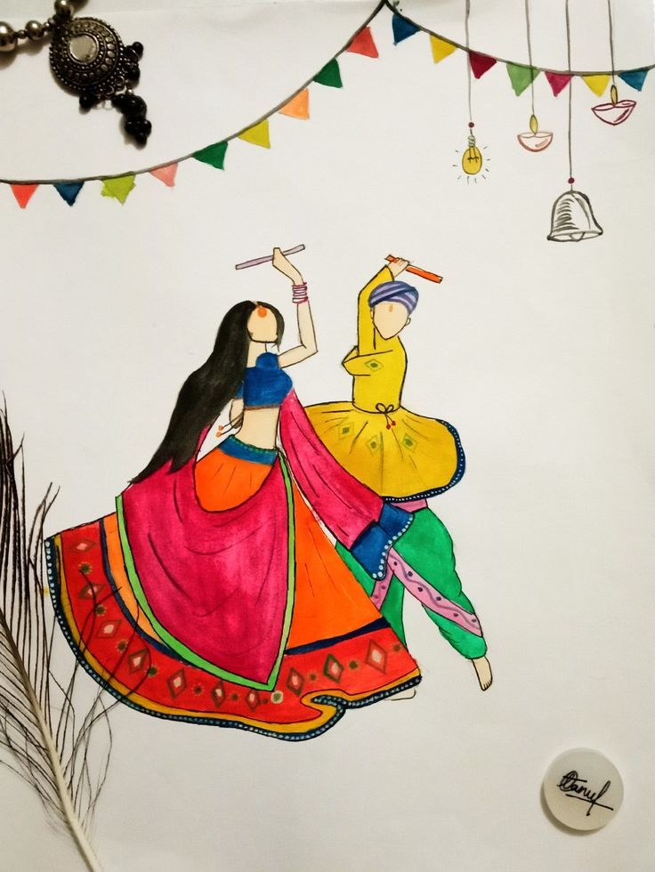 a drawing of two women dancing on a white surface with colorful flags and garlands in the background