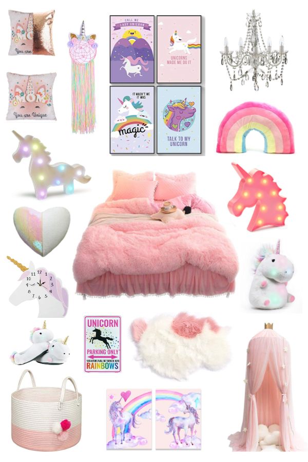 a collage of pink and white items including a bed, unicorn wall hangings