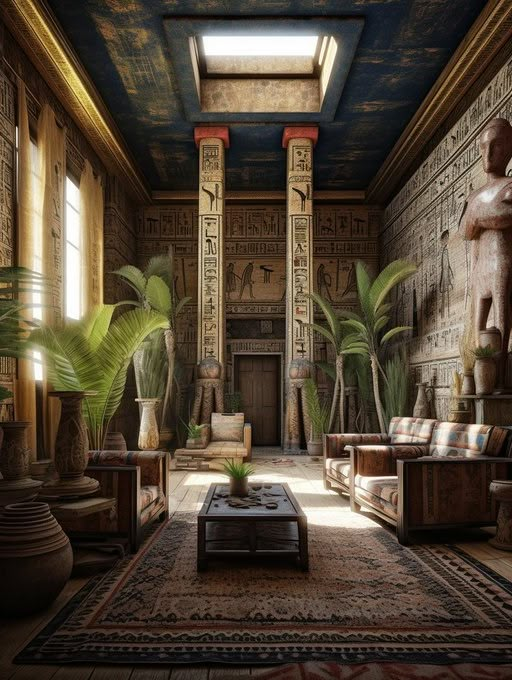 an egyptian style living room with couches, tables and potted plants in it