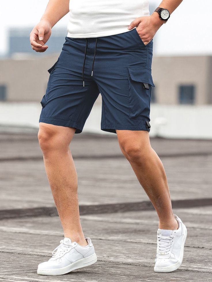 Navy Blue Casual Collar  Polyester Plain Bermuda Embellished Non-Stretch Summer Men Bottoms Winter Shorts, Bermuda Short, Cargo Shorts Men, Mens Cargo, Shorts Cargo, Shorts Casual, Style Noir, Summer Style Casual, Find Your Style