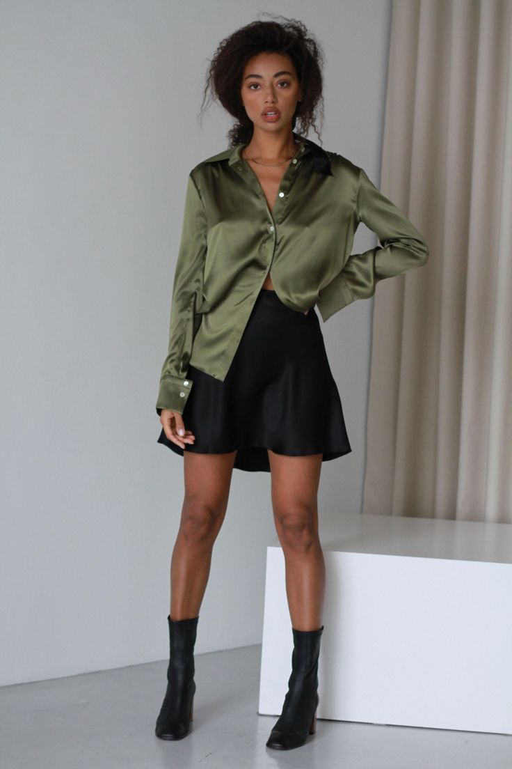 Silk Button Down Shirt Outfit, Khaki Skirt Outfits, Women Silk Shirt, Button Shirt Outfit, Long Khaki Skirt, Silk Shirt Outfit, Green Silk Shirt, Silk Skirt Outfit, Womens Button Down Shirt