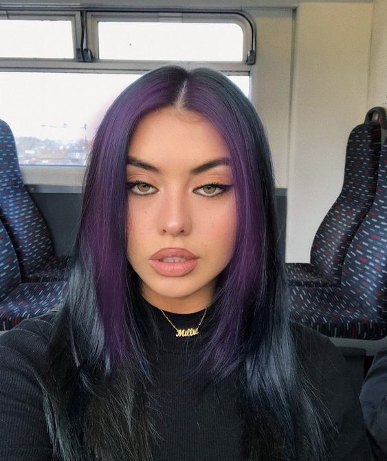 Hair Dye Color For Curly Hair, Black Hair With Purple Curtain Bangs, Dark Teal Money Piece Hair, Black Hair With Dark Purple Money Pieces, Purple Hair Front Pieces, Dark Purple Money Piece Hair, Black Hair With Purple Front Pieces, Purple Underlayer Hair, Hair Color Underneath Purple