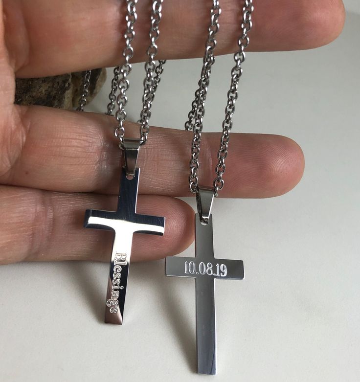 "This Small Cross Necklace is a great option as a gift for someone special, also is a perfect addition to your daily outfit! 316 Long lasting stainless steel will never tarnish or fade away. Stainless steel is hypo-allergenic making it a great choice for someone whose skin is sensitive to metal. Also, it will not turn your skin green or any other color. This necklace is completely personalized with own name, dates, Initials, roman numerals, bible verse, etc... and is an ideal gift for men, women Silver Cross Necklace For Father's Day Gift, Customizable Silver Necklaces, Stainless Steel Cross Necklace For Anniversary, Personalized Cross Necklace For Father's Day, Father's Day Name Necklace In Stainless Steel, Father's Day Gift Cross Necklace, Father's Day Stainless Steel Name Necklace, Stainless Steel Cross Pendant Necklace As Gift, Mens Engraved Necklace