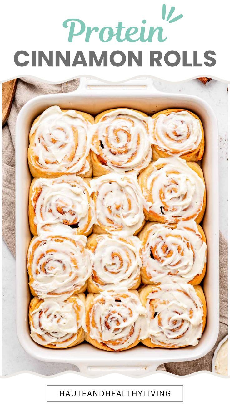 cinnamon rolls in a baking dish with the title overlay