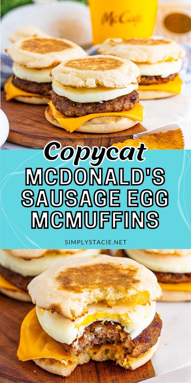 Two image collage of copycat McDonald's Sausage Egg McMuffins. The first image shows 3 McMuffins on a wooden cutting board. The second image shows a McMuffin with a bite taken out of it. Freezer Egg Muffins Sandwiches, Easy Breakfast Sandwich Recipes, Mcdonalds Mcmuffin Recipe, Egg Mcmuffin Maker Recipes, Homemade Sausage Egg Mcmuffin, Mcdonald Breakfast Sandwich, Diy Sausage Egg Mcmuffin, Sausage Egg And Cheese Breakfast Sandwich, Egg Sandwich Dinner