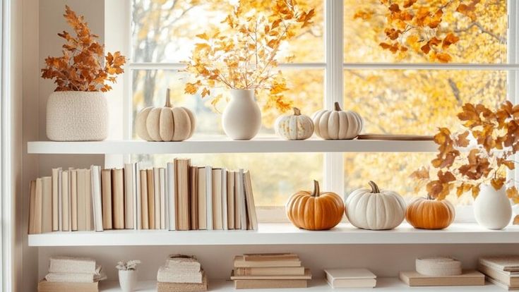 books and pumpkins are sitting on a window sill in front of an autumn tree