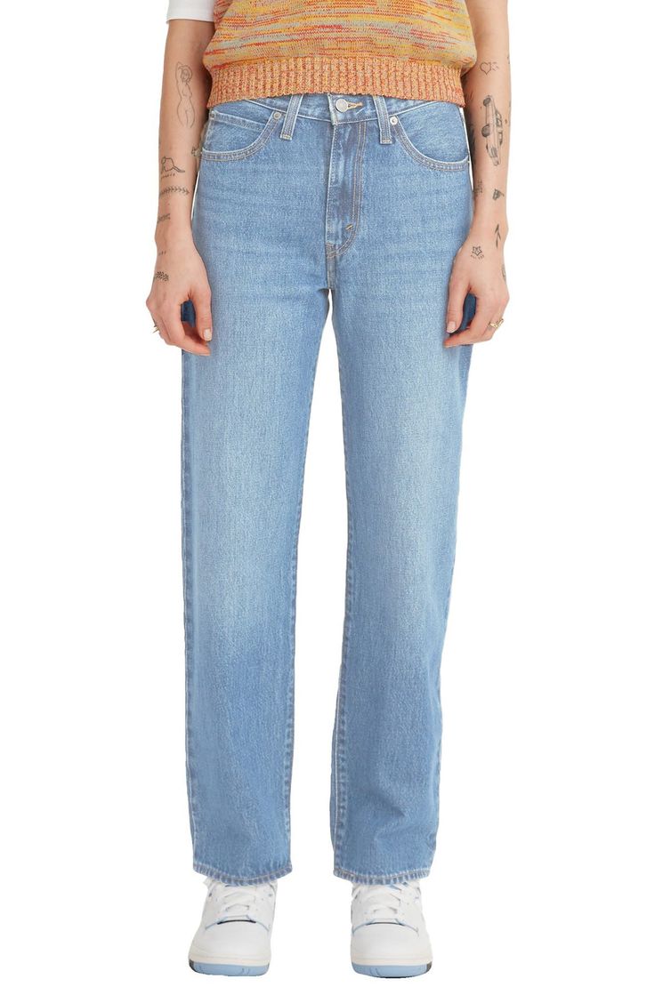 Serve up major '90s vibes every time you slip into these wide-leg, nonstretch jeans with a laid-back baggy fit. 16 1/2" leg opening; 10 3/4" front rise; 16 1/4" back rise (size 26) Zip fly with button closure Five-pocket style 100% cotton Machine wash, tumble dry Imported Model stats: 5'10" height, 32" bust, 25" waist, 36" hip. Model is wearing size 26. Mom Fit Wide Leg Bottoms For Everyday, Everyday Mom Fit Wide Leg Bottoms, Trendy Relaxed Fit Straight Flare Jeans, Relaxed Fit Flare Jeans For Streetwear, Casual Relaxed Fit Straight Flare Jeans, Trendy Everyday Pants With Standard Cut Leg, Trendy Everyday Pants With Standard Cut, Everyday Wide Leg Mom Jeans, Everyday Mom Fit Wide Leg Jeans