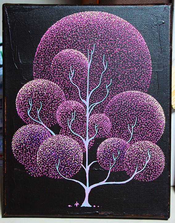 a painting on a black board with purple trees painted on the bottom and white branches