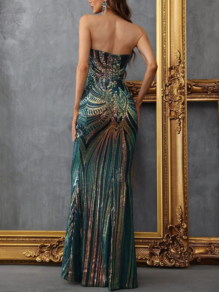 Details:Backless \nType:Bodycon \nWaist Line:High Waist \nDetails:Zipper \nHem Shaped:Mermaid \nNeckline:Strapless \nColor:Dark Green \nPattern Type:Graphic \nSleeve Length:Sleeveless \nLength:Maxi \nFit Type:Slim Fit \nFabric:Medium Stretch \nMaterial:Sequins \nComposition:95% Polyester \nComposition:5% Elastane \nCare Instructions:Hand wash,do not dry clean \nBody:Lined \nSheer:No \n Edgy Dress, Eva Dress, Mermaid Prom Dress, Business Formal Dress, Coachella Dress, Sequin Prom Dress, Azazie Bridesmaid Dresses, Vestidos Vintage, Professional Dresses