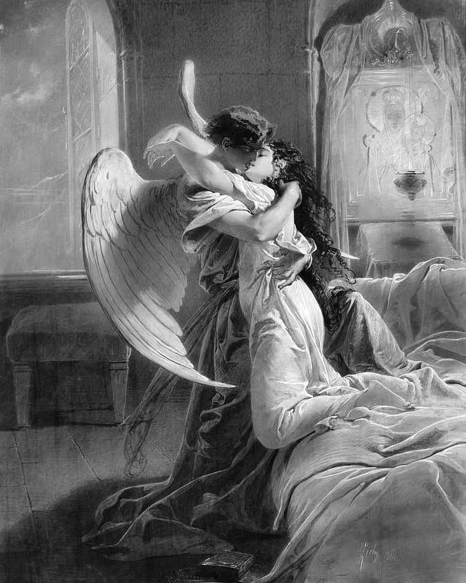 an angel hugging a woman in bed with her arms around her head and wings outstretched