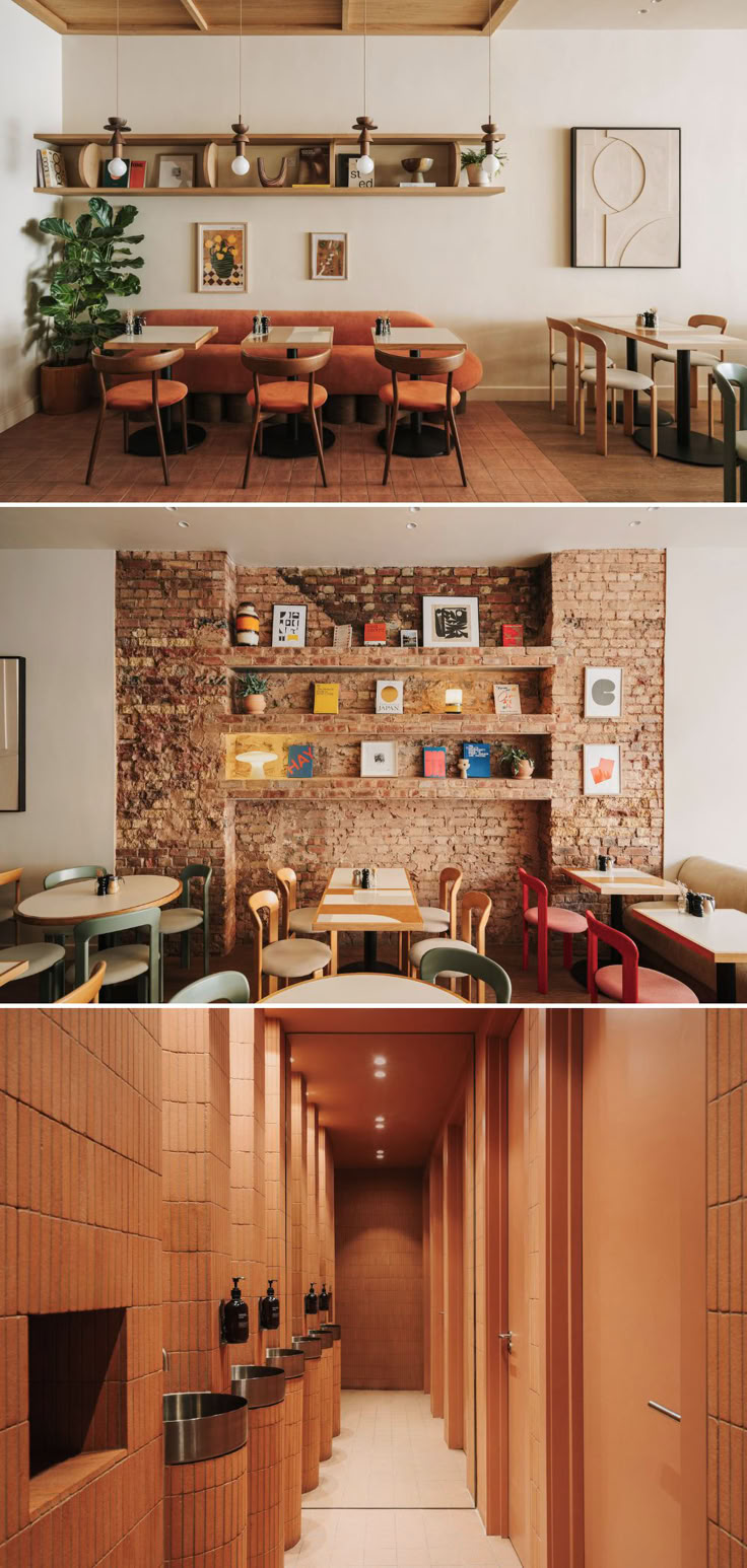 two pictures of the inside of a restaurant with tables and chairs