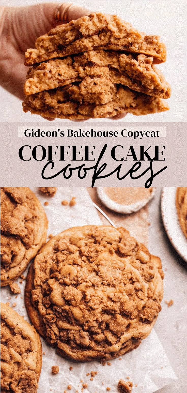 coffee cake cookies are stacked on top of each other with the words, golden's bakehouse copycat