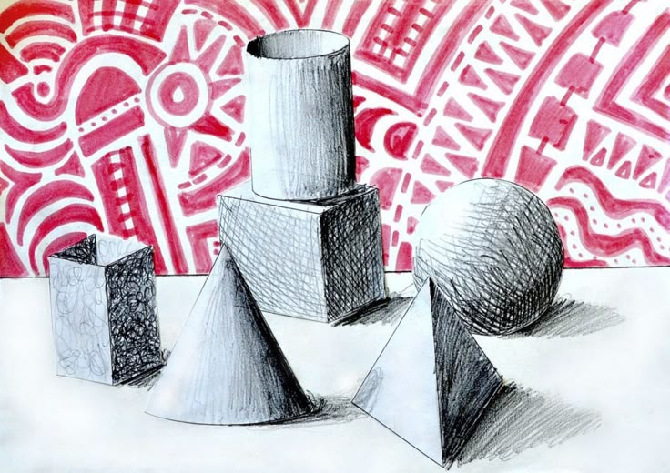 a drawing of three different shapes on a white surface with red and black designs in the background