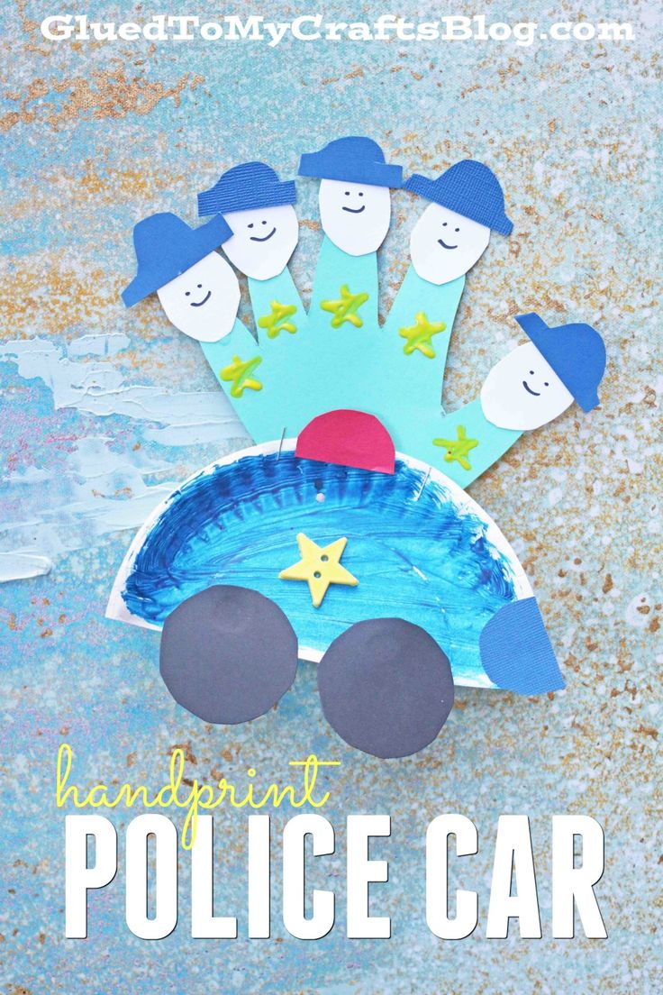 paper plate police car craft for kids with text overlay that reads, handprint police car