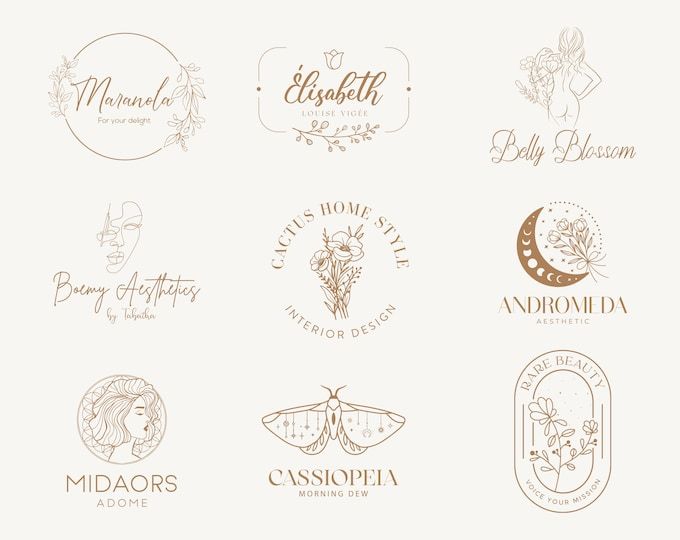 various logos and emblems on a white background with the name of different businesses in gold foil