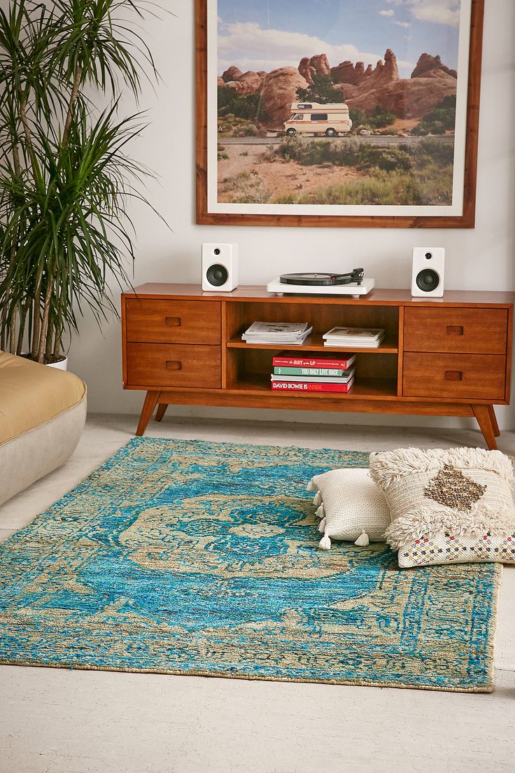 a living room scene with focus on the rug and entertainment center in the background,