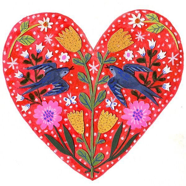 a painted heart with two birds on it