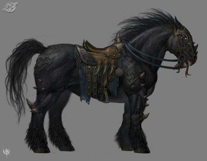 an image of a black horse with horns on it's head and long manes