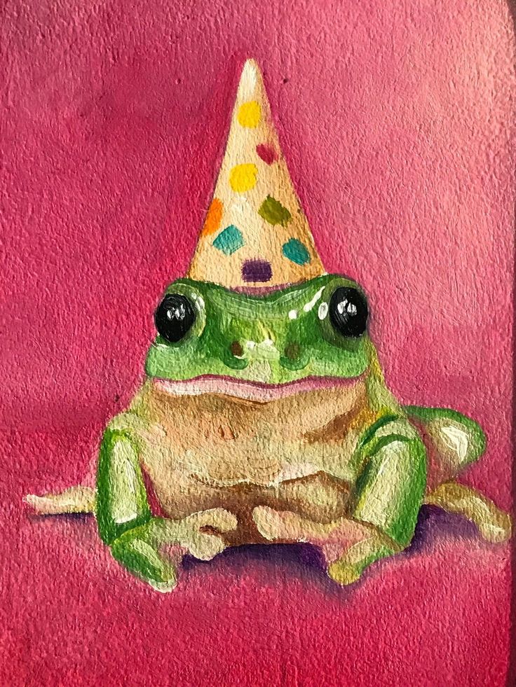 a painting of a frog with a party hat on it's head, sitting in front of a pink background