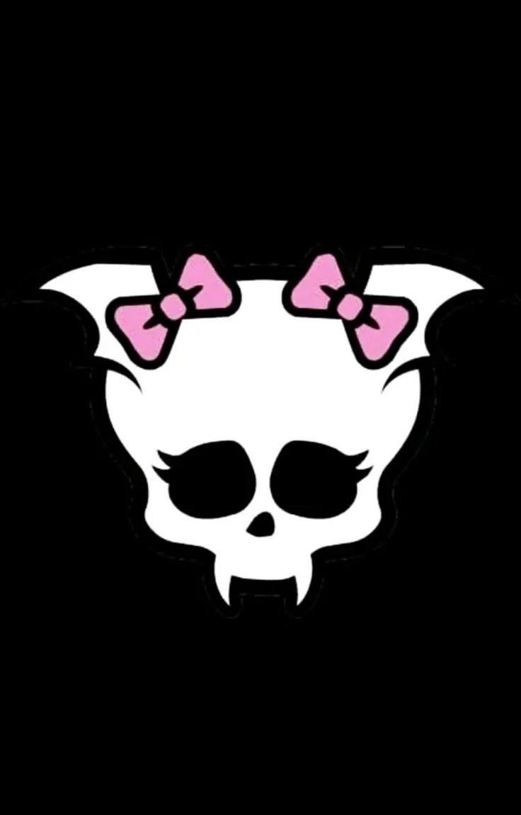 a skull with pink bows on it's head and the word hello kitty written in white