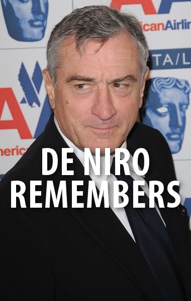 a man in a suit and tie with the words de niro remembers