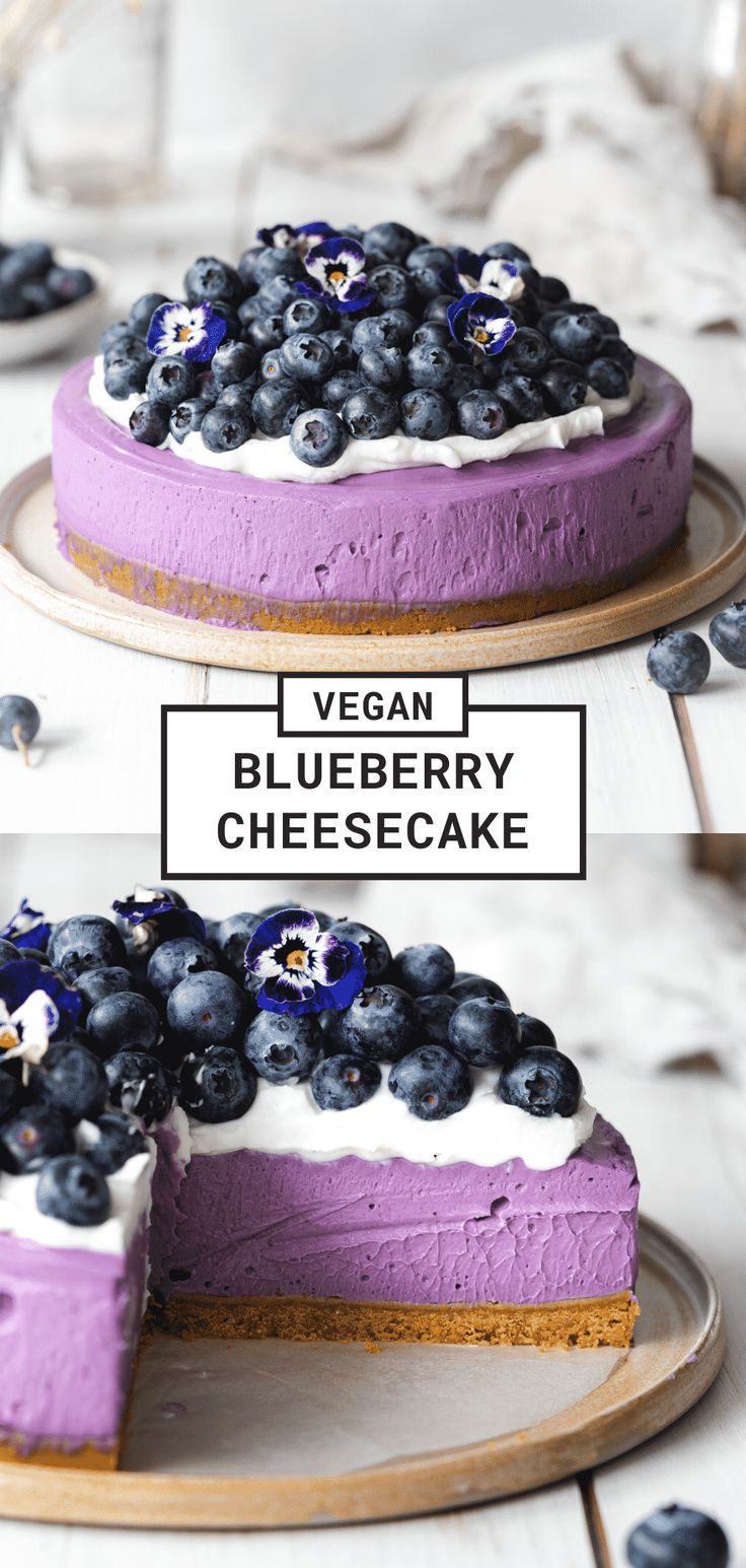 two photos of a blueberry cheesecake on a plate