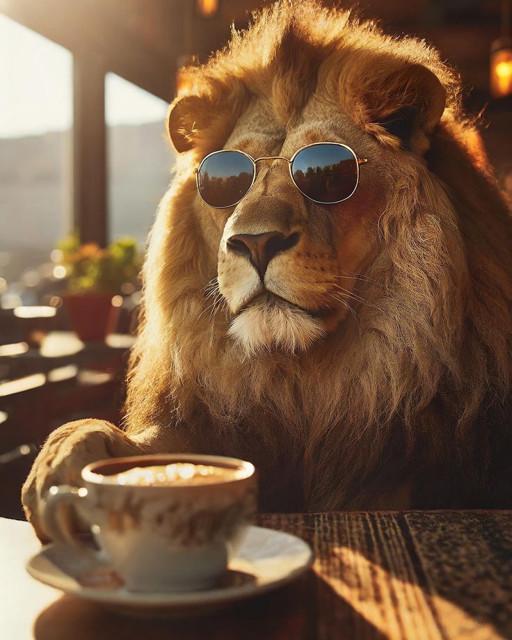 a lion wearing sunglasses sitting at a table with a cup of coffee in front of it