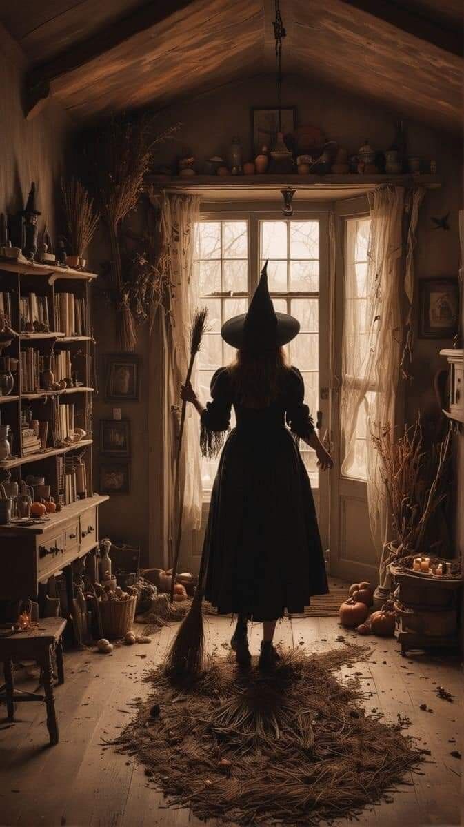 a woman dressed as a witch standing in front of a window with brooms on the floor