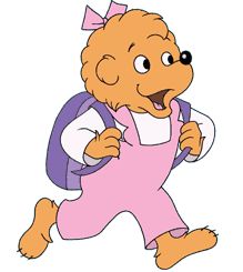 a cartoon bear is running with a school bag on his back and wearing pink overalls