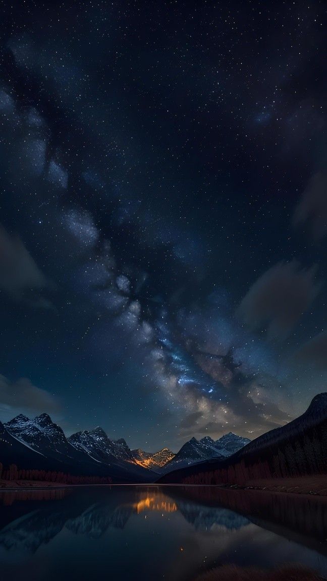 the night sky is lit up with stars and clouds above water in front of mountains