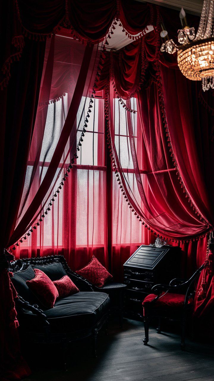 a living room with red curtains and black furniture