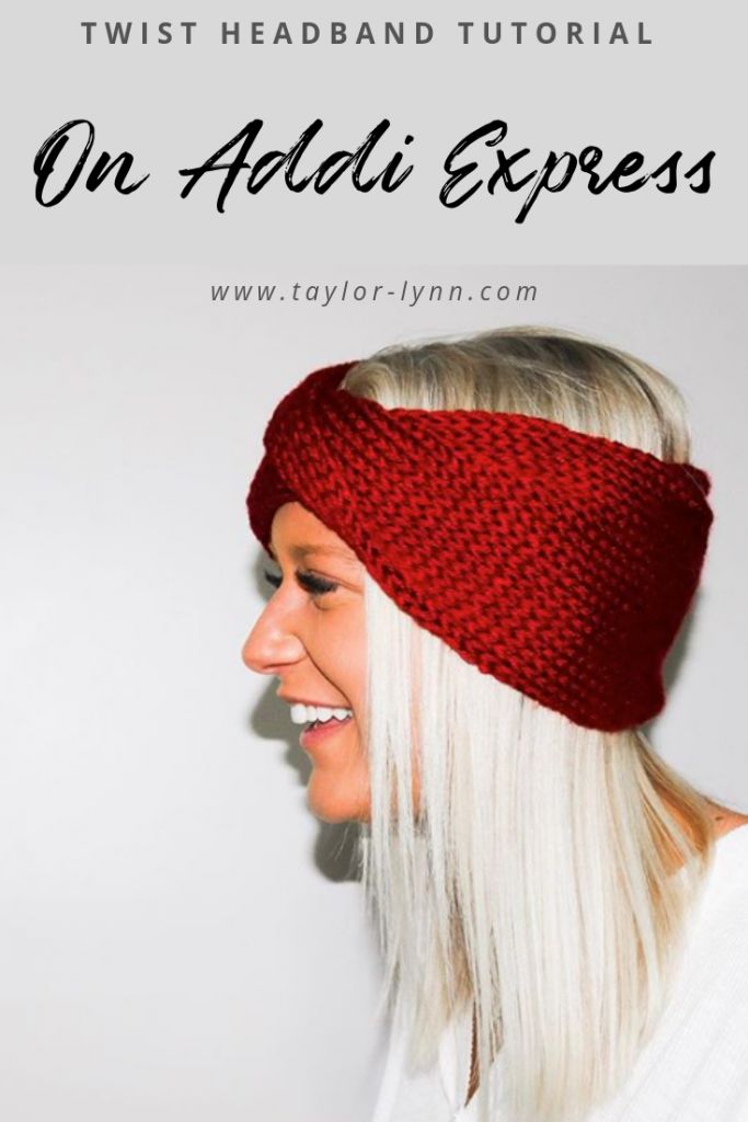 a woman wearing a red headband with the text on it that reads, twist headband