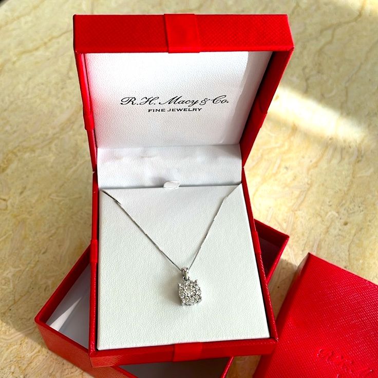 Brand New Diamond Halo 18" Pendant Necklace (1/3 Ct. T.W.) In 14k White Gold. Retail: $1200 Plus Tax. Spoil Her With Sparkle. This Elegant Pendant Necklace (1/3 Ct. T.W.) Features Round-Shape Diamonds, Set In A Halo-Style And Suspended From A Fine Box Link Chain. 1/3 Carat Diamond Necklace Diamond Color Rating Code: Ij Diamond Clarity Rating Code: 12-13 Diamond Shape: Round Set In 14k Gold, Rose Gold Or White Gold Approx. Length: 18"; Approx. Drop: 1/4" Original Tag Attached And In The Original Luxury Gia Certified Diamond Necklace As Gift, Luxury Gia Certified Diamond Necklace Gift, Gia Certified Silver Diamond Necklace For Anniversary, Gift White Gold Diamond Necklace With Diamond Accents, White 14k Gold Solitaire Necklace With Brilliant Cut, Lab Grown Diamond Necklace With Prong Setting For Gift, Lab Grown Diamond Necklace With Brilliant Cut As Gift, Gia Certified White Jewelry Gift, Gia Certified White Jewelry As A Gift