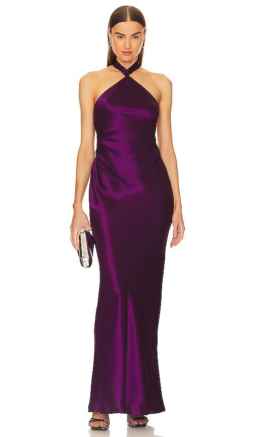 Find RETROFETE Ester Dress In Purple on Editorialist. retrofete Ester Dress in Purple. - size L (also in M, S, XL, XS) retrofete Ester Dress in Purple. - size L (also in M, S, XL, XS) Self: 80% acetate 20% polyester Lining: 97% polyester 3% spandex. Made in China. Dry clean only. Unlined. Hidden back zipper Halterneck and back tie closure. Draped satin fabric with back vent. ROFR-WD605. PF23-7229. Retrofete, launched in 2018 by co-founders Ohad Seroya and Aviad Klin, embodies the glamour and opu Moh Dress, Black Tie Gowns, Purple Evening Gown, Vintage Purple Dress, Black Tie Wedding Guest Dress, Az Wedding, Black Tie Attire, Purple Gowns, Party Frocks