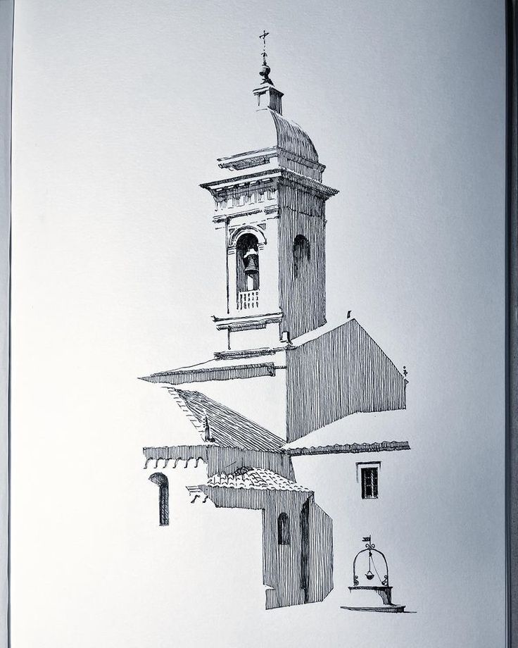 a black and white drawing of a tower with a clock on it's side