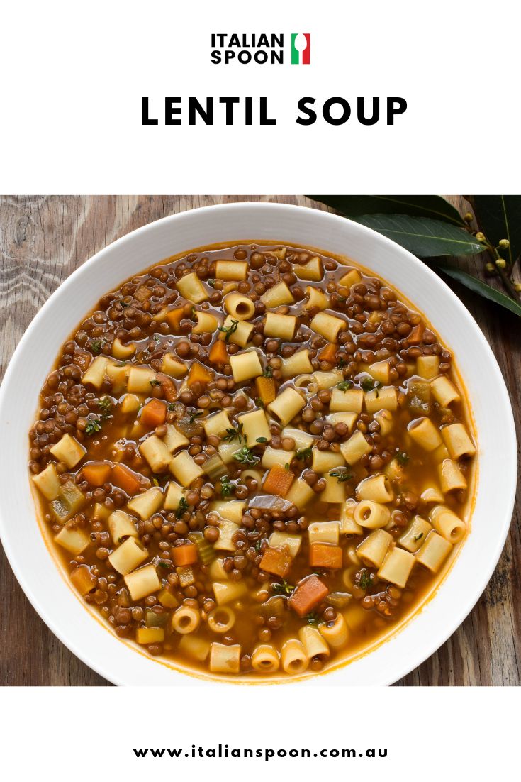 a bowl of lentil soup on a wooden table with text overlay that reads italian lentil soup