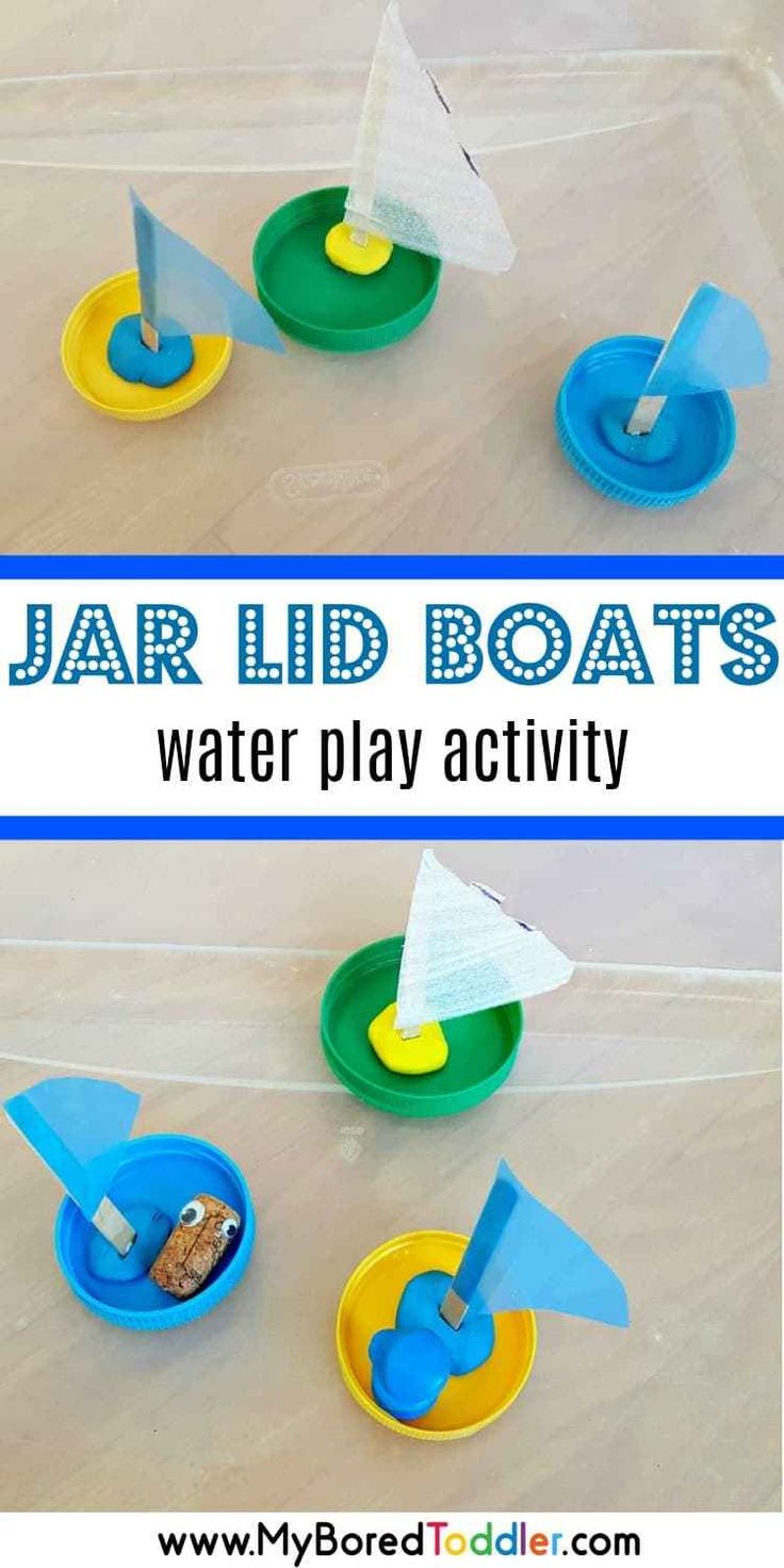 some paper boats that are sitting on top of a plastic bag and the words jar lid boats water play activity