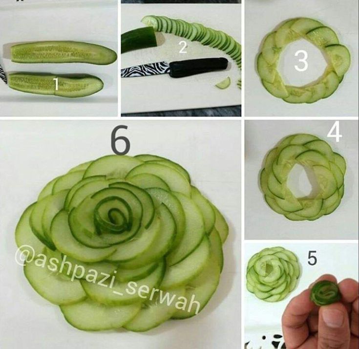 the steps to cut cucumbers are shown in four different stages, including slicing them into spirals