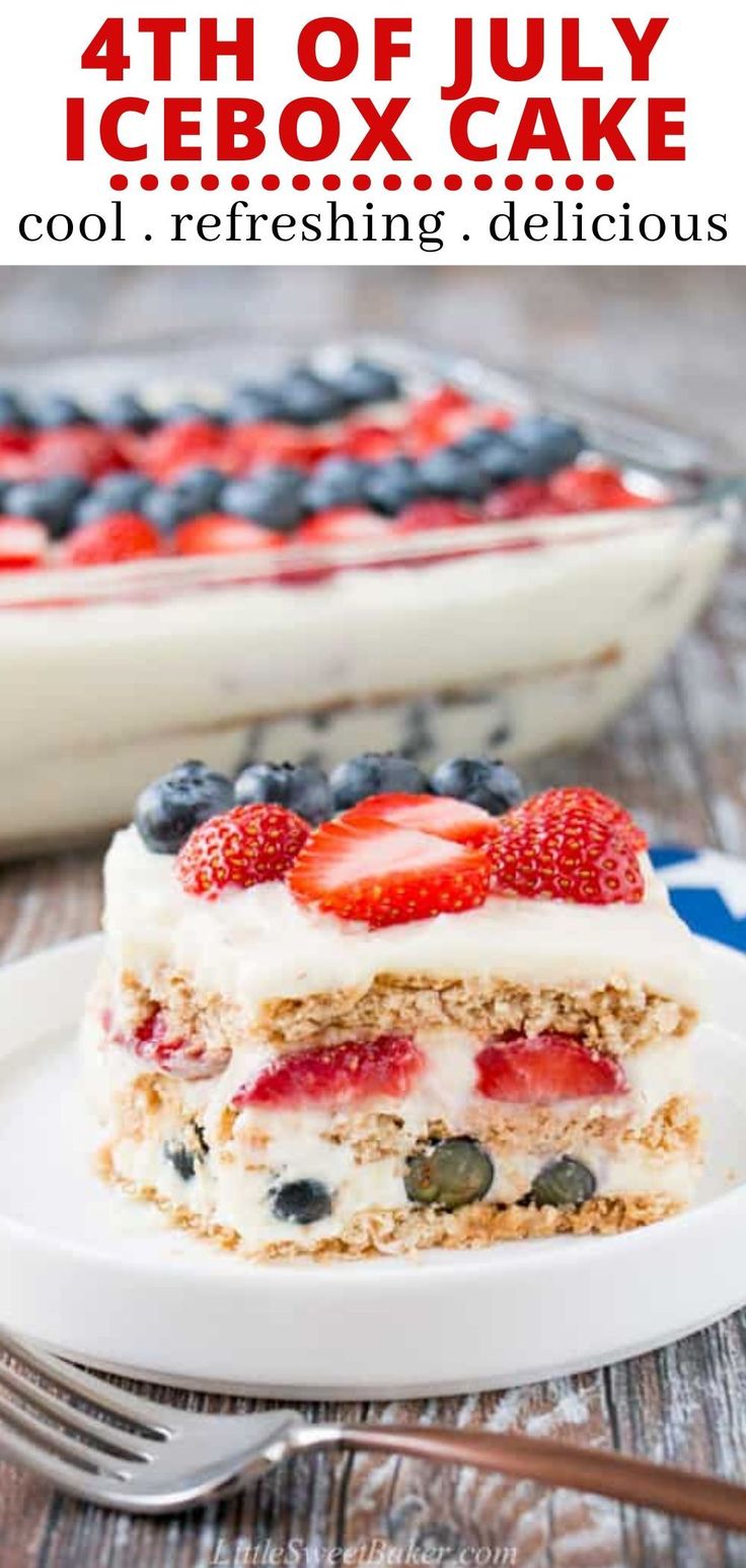 a close up of a piece of cake on a plate with strawberries and blueberries