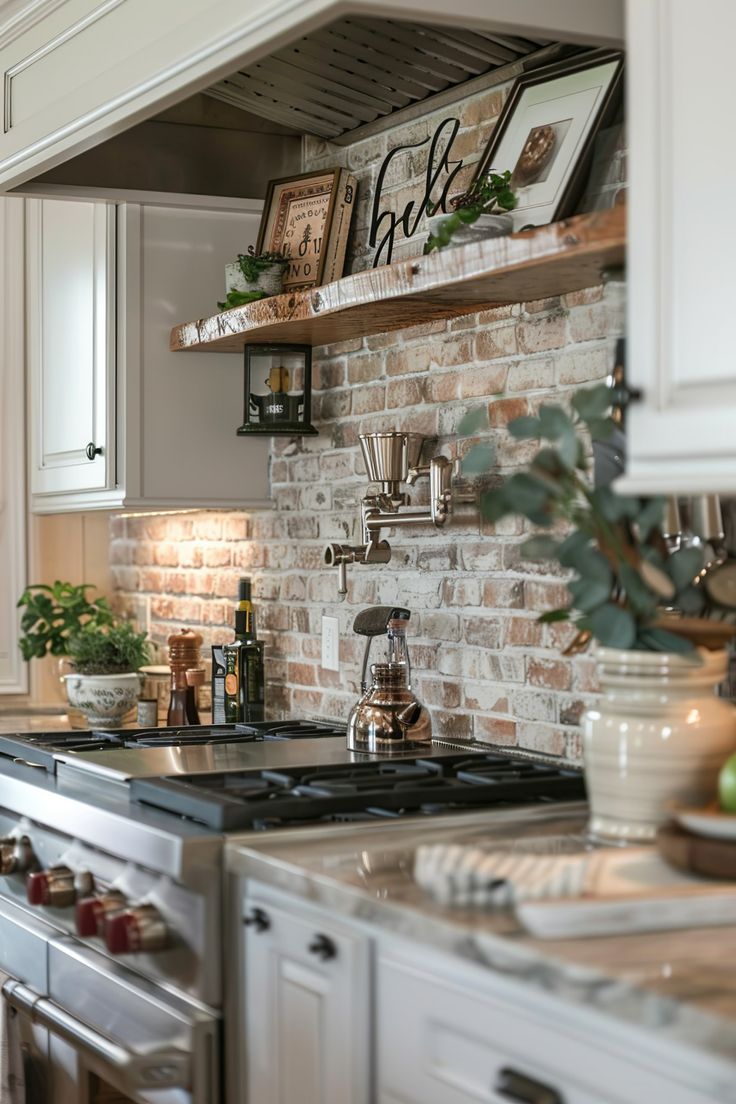 a kitchen with an oven, stove and shelves above the stove is decorated with greenery