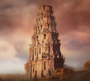 a very tall tower sitting in the middle of a desert area under a cloudy sky