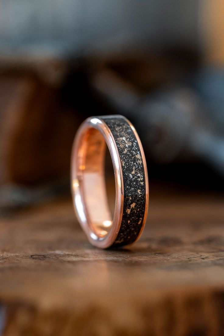 Mens-Rose-Gold-Wedding-Band-Meteorite-Gold-Flakes-Stagazer-Rustic-And-Main Unique Gold Wedding Bands, Gold Ring Design, Recycled Gold Ring, Meteorite Rings, Rose Gold Wedding Ring, Mens Gold Wedding Band, 10k Gold Ring, Meteorite Ring, Gold Ring Designs