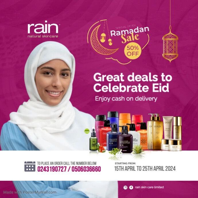 a woman in hijab standing next to an advertisement for raman beauty products