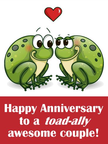 happy anniversary to a toad - ally couple from the froggy family, with an image of two frogs kissing each other